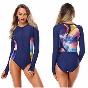 New  AXESEA Blue multicolor Long Sleeve rush guard surfing swimsuit size 6
